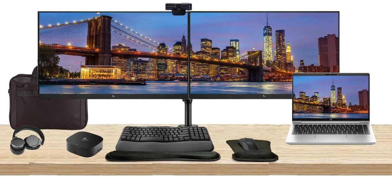 Main image of HP ProBook 445 G10 14" Ryzen 7, 16GB RAM, 512GB SSD, Bundle with 2 x EliteDisplay E27 27" Monitors, Dual Stand, USB-C Dock, MK670 Wireless Keyboard and Mouse, Gel Pad, Webcam, Headphones, Bag