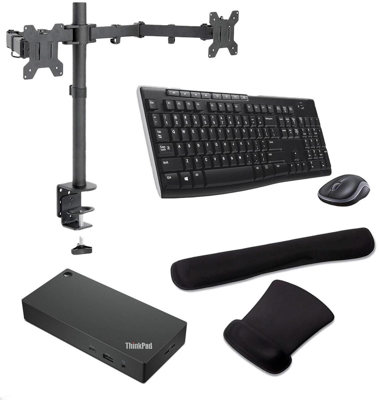 Main image of Lenovo ThinkPad Universal USB-C Dock 90W 4K Support, HDMI, USB-C, DisplayPort, USB Hub Bundled with Desk Mount Dual Monitor Stand, MK650 Wireless Keyboard & Mouse, Gel Mouse & Wrist Pad