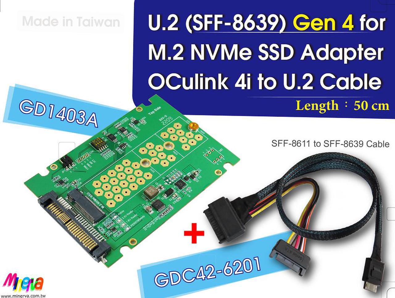 Main image of PCIe 4.0 Oculink 4i to U.2 cable, 50cm & U.2 to M.2 NVMe SSD Adapter KIT