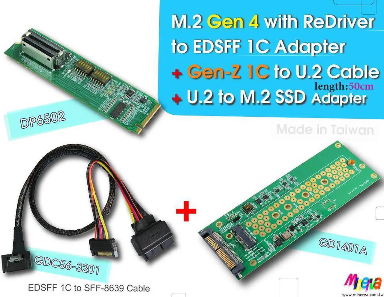 Main image of M.2 PCIe 4.0 with ReDriver for EDSFF 1C & Gen-Z 1C to U.2 Cable, 50cm & U.2 to M.2 NVMe SSD Adapter