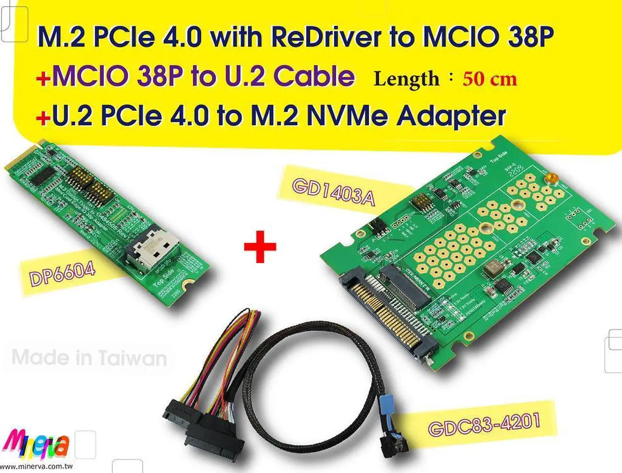 Main image of M.2 M-key PCIe 4.0 with ReDriver to MCIO 38P AIC & MCIO 38P to U.2, 50 cm Cable & U.2 to M.2 SSD Adapter KIT