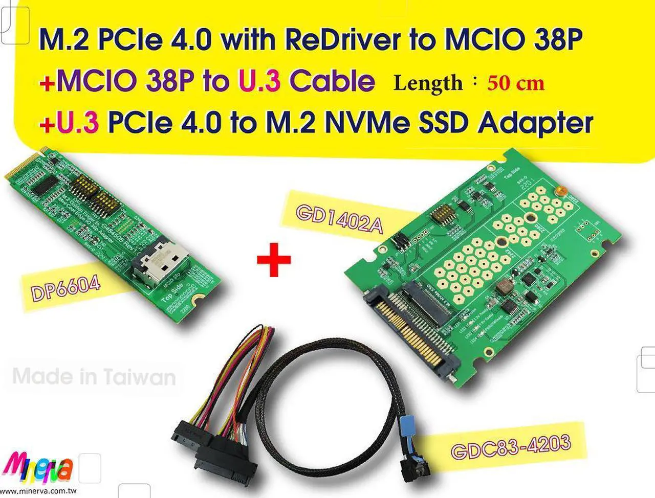 Main image of M.2 PCIe 4.0 with ReDriver to MCIO 38P AIC & MCIO 38P to U.3, 50 cm Cable & U.3 to M.2 SSD Adapter KIT