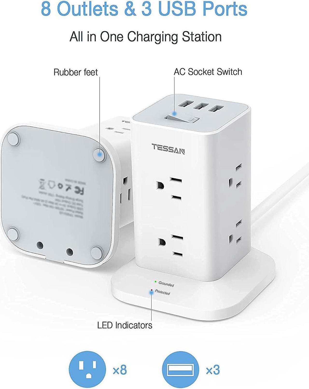 Alt view image 2 of 7 - Power Strip Tower Surge Protector 8 Wide Spaced Outlets And 3 Usb Ports, Extension Cord 6 Feet Flat Plug, Charging Station With Compact Size, 1700 J Protection, 1875W, White