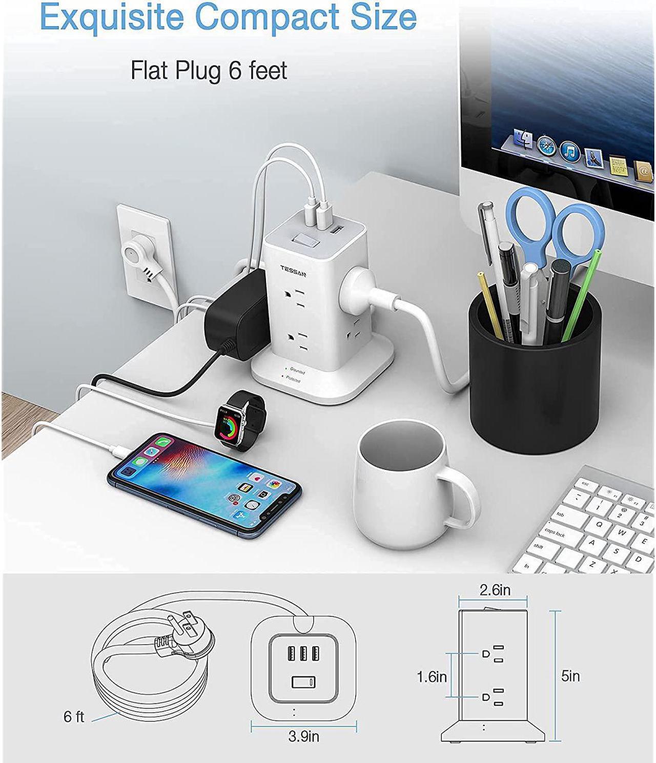 Alt view image 3 of 7 - Power Strip Tower Surge Protector 8 Wide Spaced Outlets And 3 Usb Ports, Extension Cord 6 Feet Flat Plug, Charging Station With Compact Size, 1700 J Protection, 1875W, White