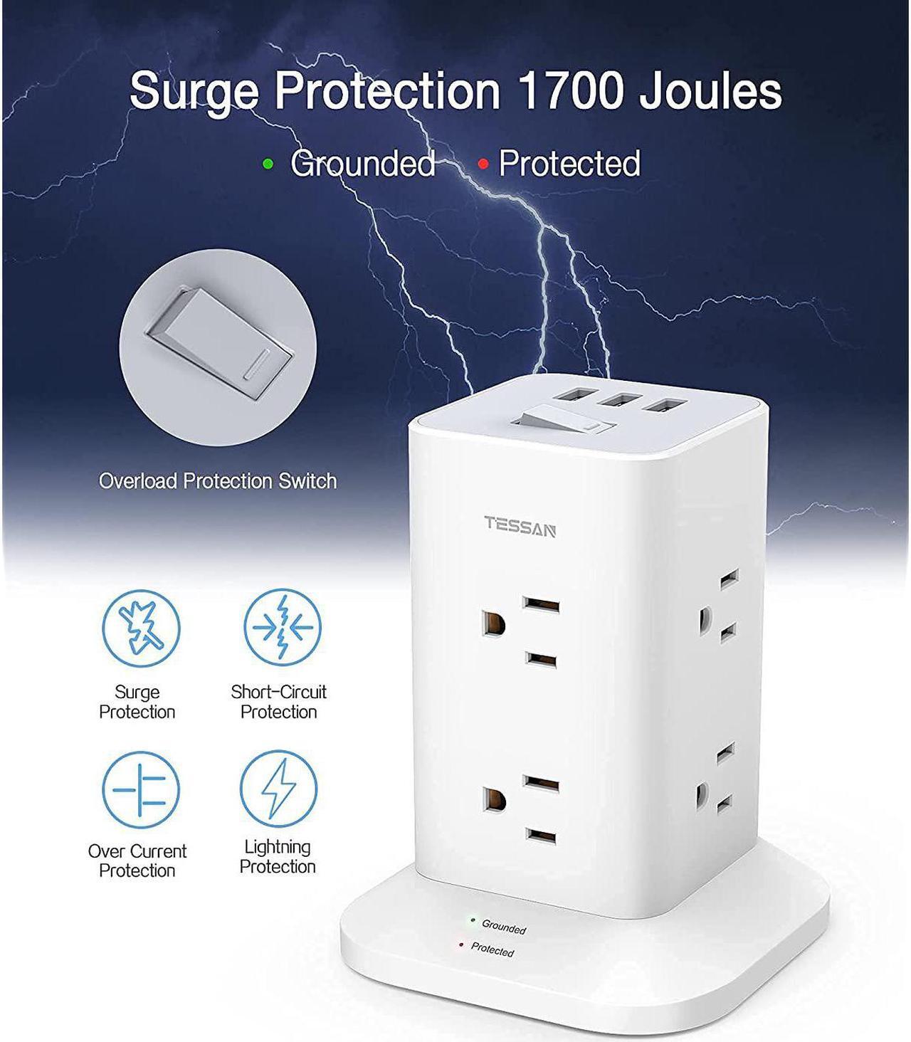 Alt view image 4 of 7 - Power Strip Tower Surge Protector 8 Wide Spaced Outlets And 3 Usb Ports, Extension Cord 6 Feet Flat Plug, Charging Station With Compact Size, 1700 J Protection, 1875W, White