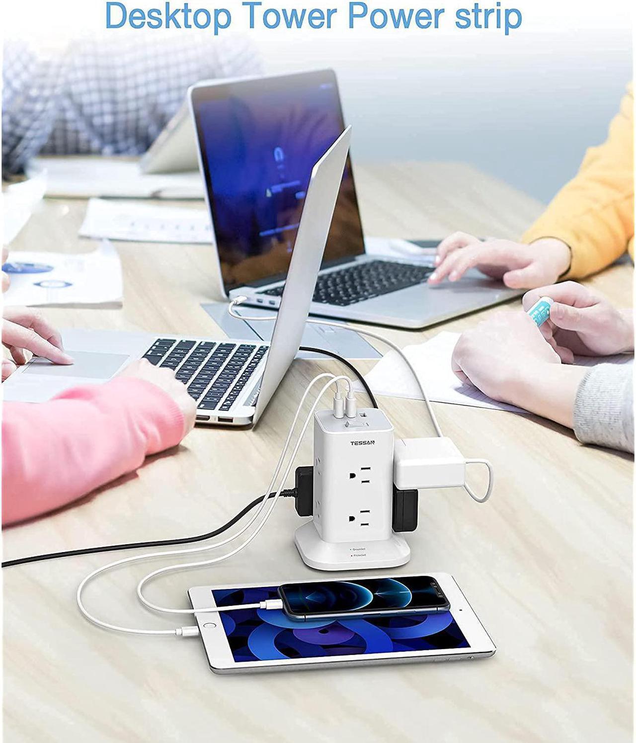 Alt view image 5 of 7 - Power Strip Tower Surge Protector 8 Wide Spaced Outlets And 3 Usb Ports, Extension Cord 6 Feet Flat Plug, Charging Station With Compact Size, 1700 J Protection, 1875W, White