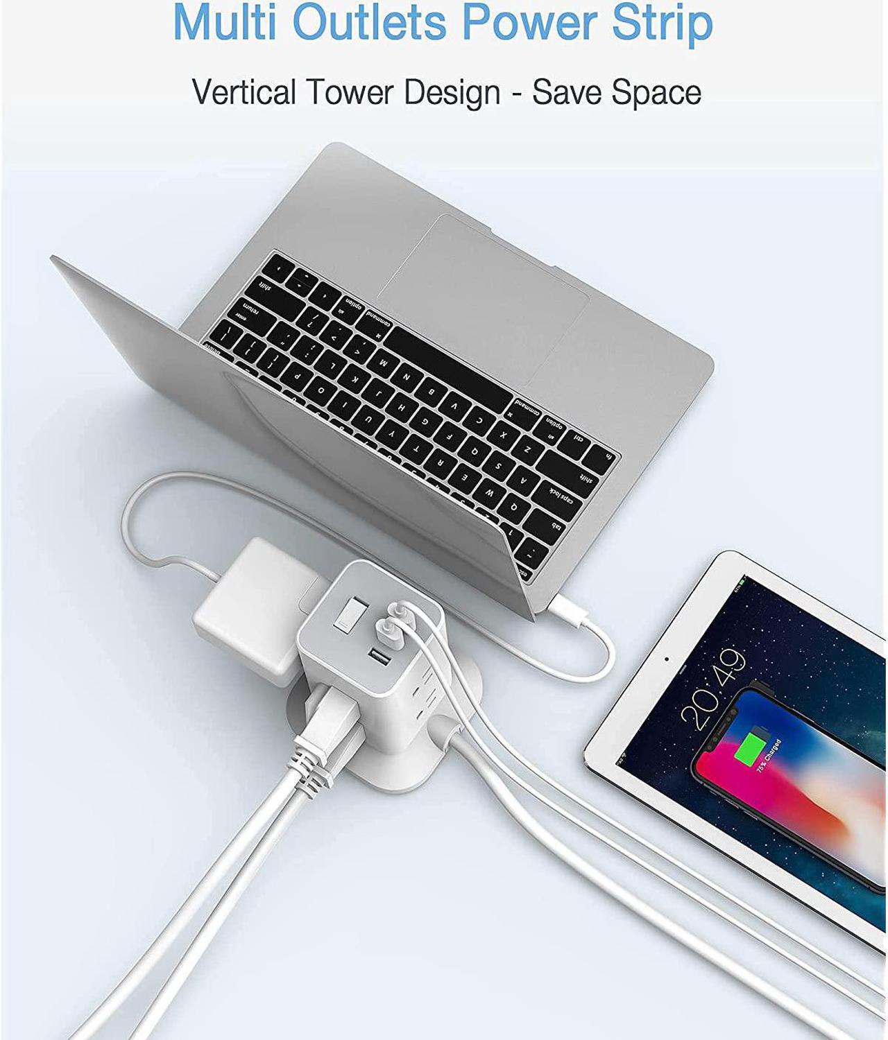 Alt view image 6 of 7 - Power Strip Tower Surge Protector 8 Wide Spaced Outlets And 3 Usb Ports, Extension Cord 6 Feet Flat Plug, Charging Station With Compact Size, 1700 J Protection, 1875W, White
