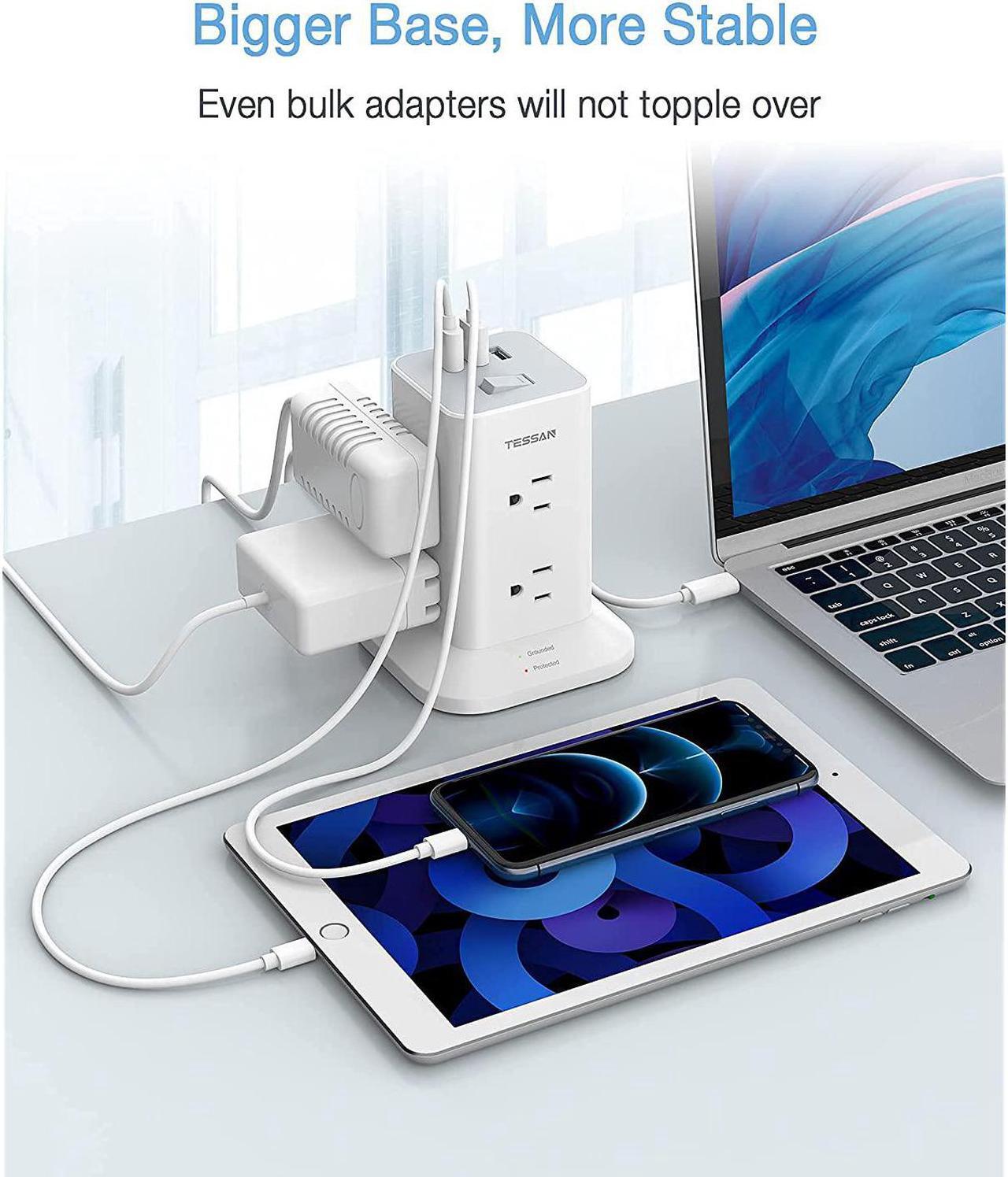 Alt view image 7 of 7 - Power Strip Tower Surge Protector 8 Wide Spaced Outlets And 3 Usb Ports, Extension Cord 6 Feet Flat Plug, Charging Station With Compact Size, 1700 J Protection, 1875W, White
