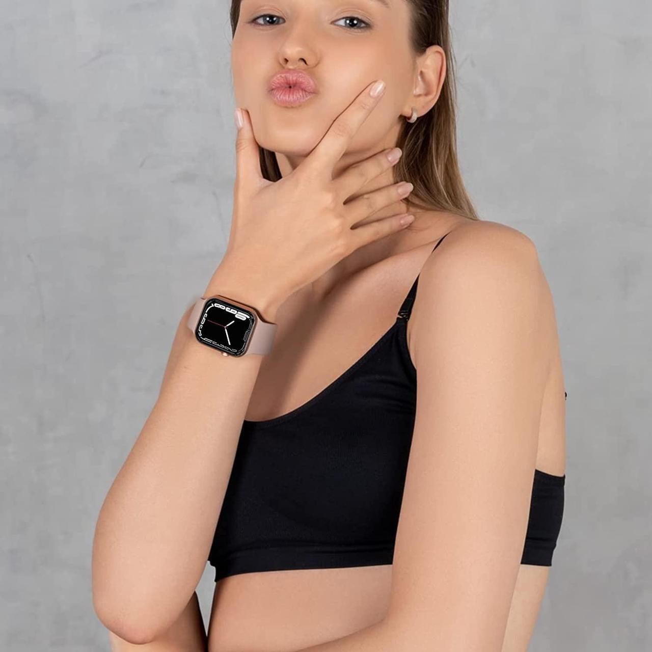 Alt view image 5 of 7 - Sport Watch Band Compatible With Apple Watch, Iwatch Bands 38Mm 40Mm 41Mm Woman Man, Soft Silicone Wristbands Strap Replacement For Iwatch Series Se 7 6 5 4 3 2 1 Sport Edition Sand Pink