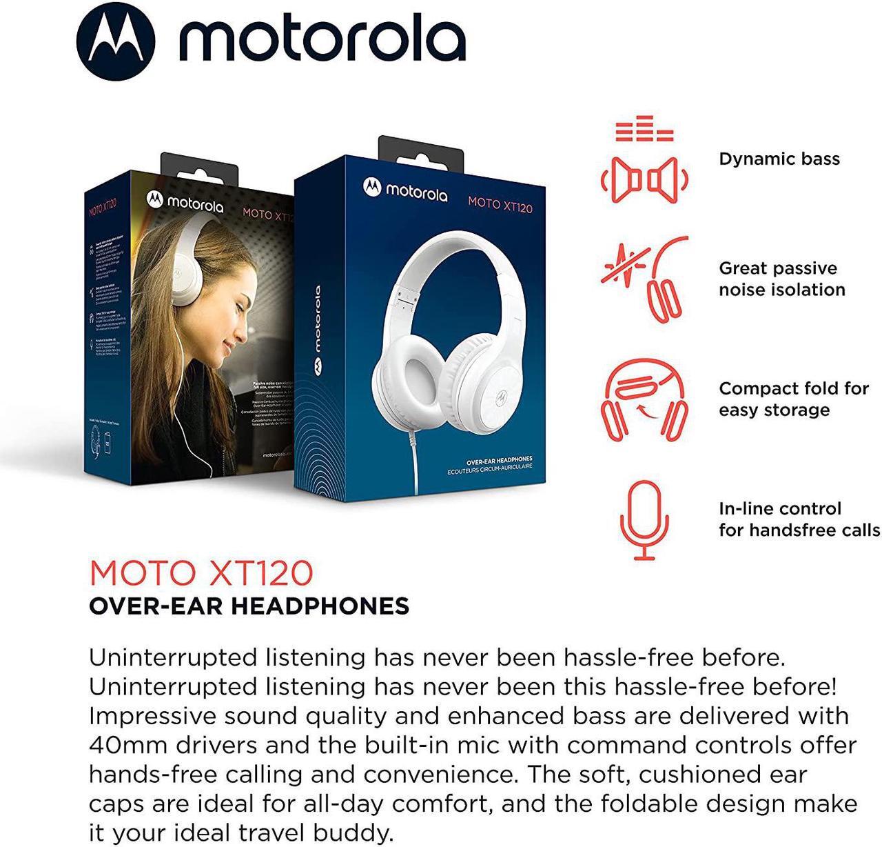 Alt view image 2 of 6 - Motorola Over-Ear Headphones Wired - Moto XT120 Headphones with Microphone, in-Line Control for Calls - Foldable Head Phones, Adjustable Cushioned Headband - Dynamic Bass, Clear Sound - White