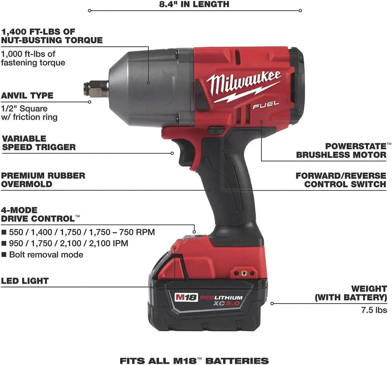 Alt view image 12 of 15 - Milwaukee Electric Tool - 2767-22 - Impact Wrench, Steel/Glass Filled Nylon/Rubber, Red, 18V, 10.75 H x 3.15 W x 8.39