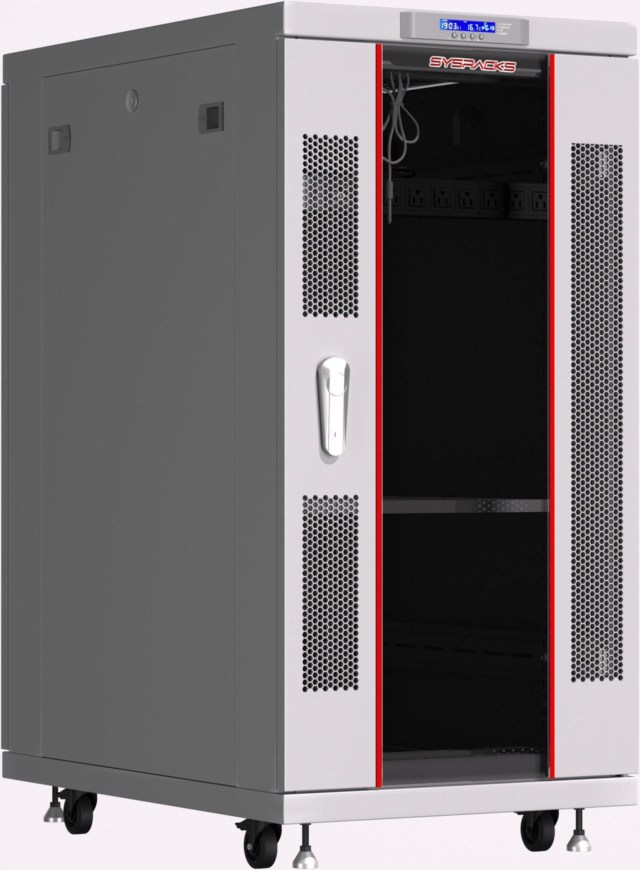 Server Rack - Locking Server Cabinet - Network Rack - Av Cabinet - 22U - Rack Mount - Free Standing Network Rack - Thermosystem - LCD-Screen - Wheels Leveler - Shelf - Cooling Fan - PDU - Light Grey