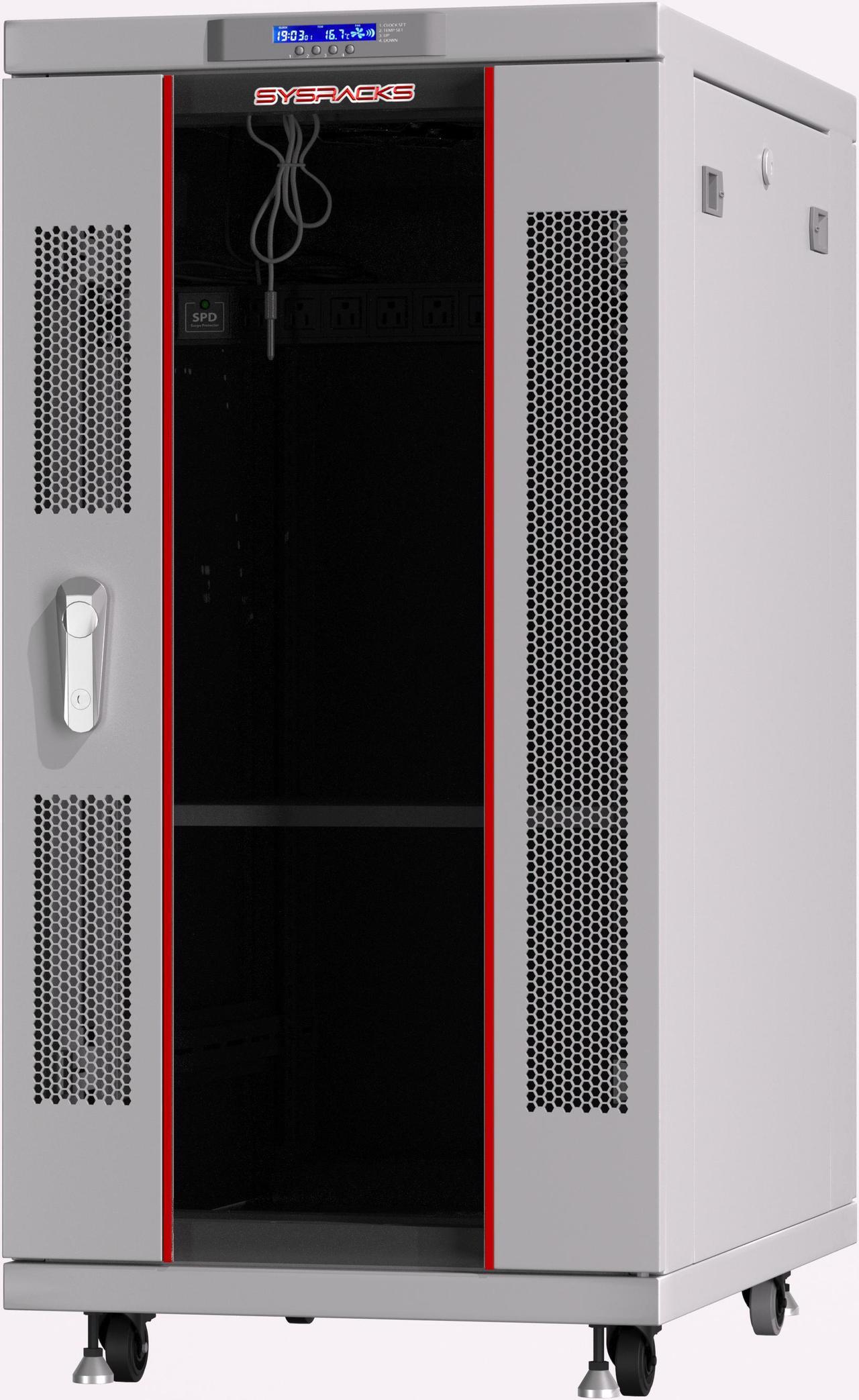 Server Rack - Locking Server Cabinet - Network Rack - Av Cabinet - 27U - Rack Mount - Free Standing Network Rack - Thermosystem - LCD-Screen - Wheels Leveler - Shelf - Cooling Fan - PDU - Light Grey