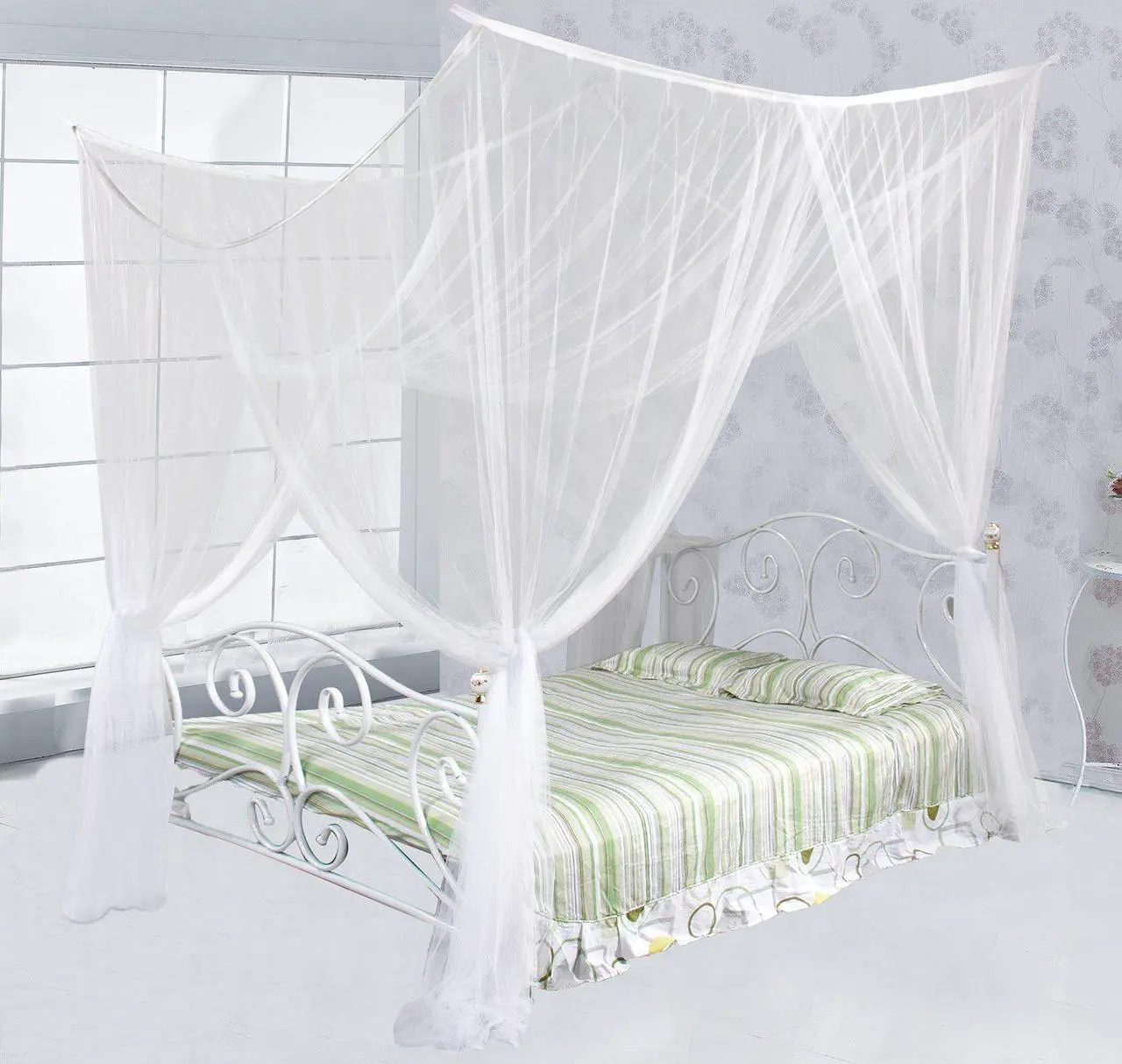 Main image of Just Relax Four Corner Post Elegant Mosquito Net Bed Canopy Set, White, Full/Queen/King