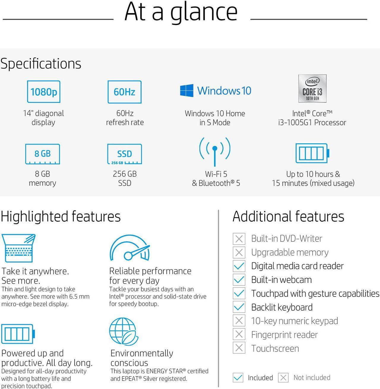 Alt view image 8 of 11 - HP 14" Laptop: Core i3-1005G1, 256GB SSD, 8GB RAM, 14" Full HD IPS Display