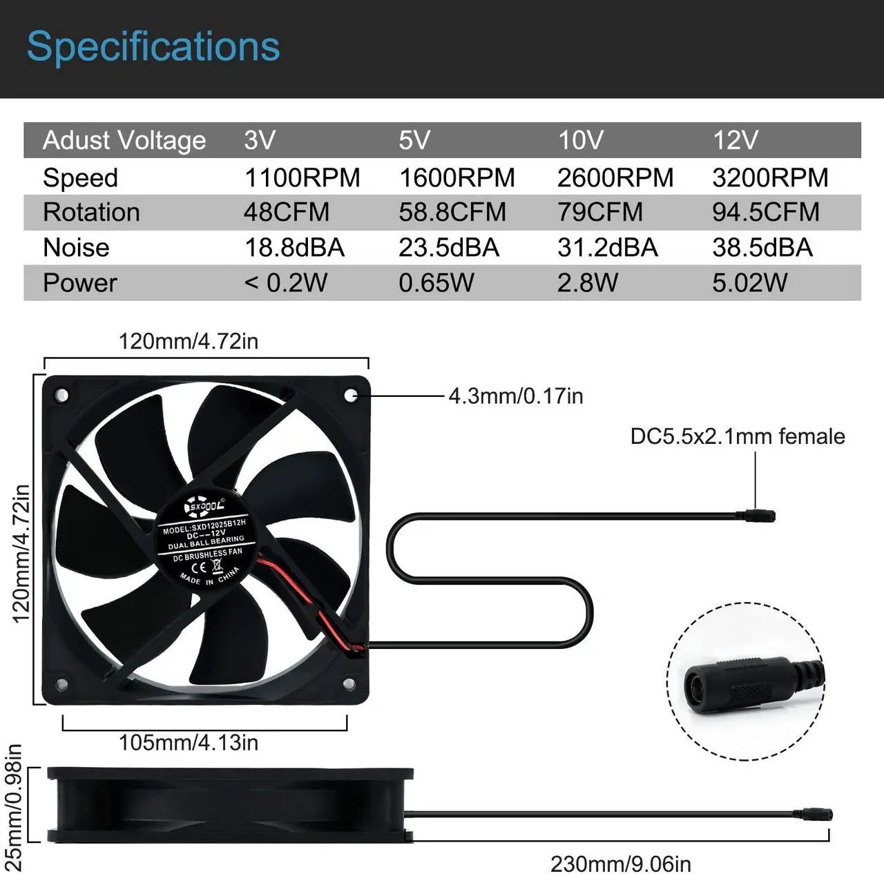 Alt view image 3 of 7 - NEW 120mm High Speed Cooling Fan 120X120X25mm AC 110V 220V to 3V - 12V 2A with Speed Controller ,for Router Grow Tent Home Plant SXDOOL SXD12025B12H Daul Ball Bearing