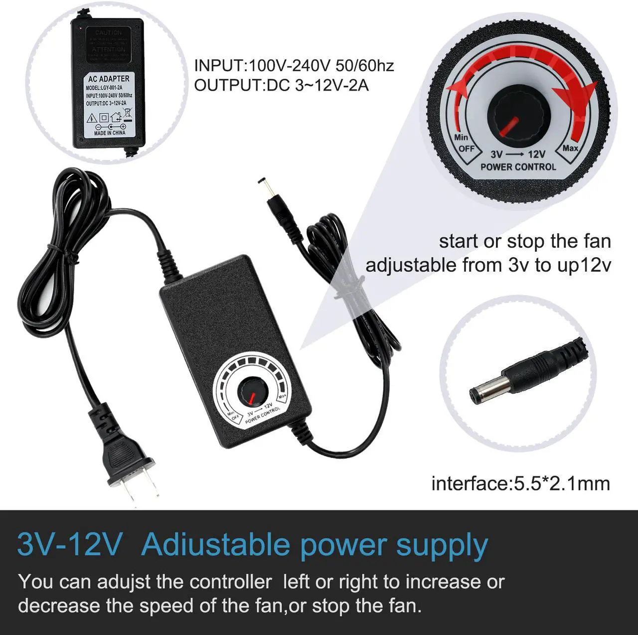Alt view image 4 of 7 - NEW 120mm High Speed Cooling Fan 120X120X25mm AC 110V 220V to 3V - 12V 2A with Speed Controller ,for Router Grow Tent Home Plant SXDOOL SXD12025B12H Daul Ball Bearing