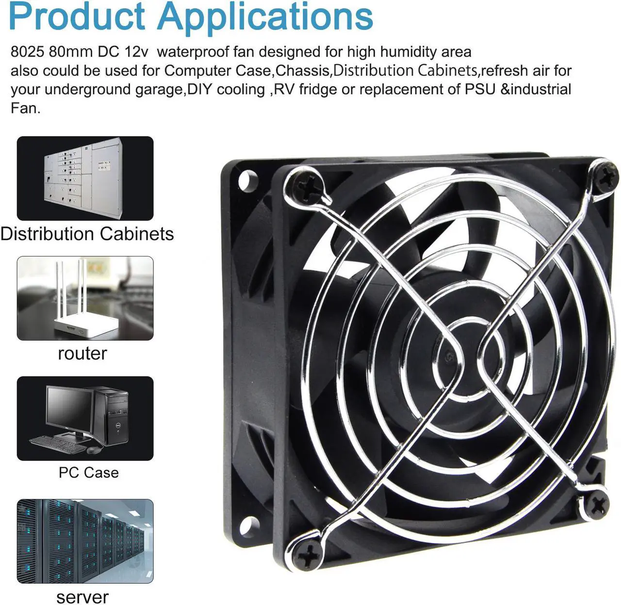 Alt view image 5 of 7 - SXDOOL SXD8025M12B IP68 80mm 8cm Waterproof Dustproof DC 12V Cooling Fan 80X80X25mm Dual Ball Bearing 3-Pin PC Computer Chassis PSU