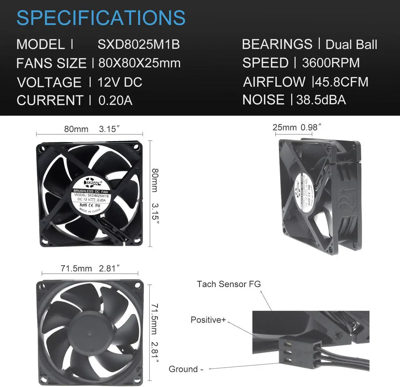 Alt view image 6 of 7 - SXDOOL SXD8025M12B IP68 80mm 8cm Waterproof Dustproof DC 12V Cooling Fan 80X80X25mm Dual Ball Bearing 3-Pin PC Computer Chassis PSU