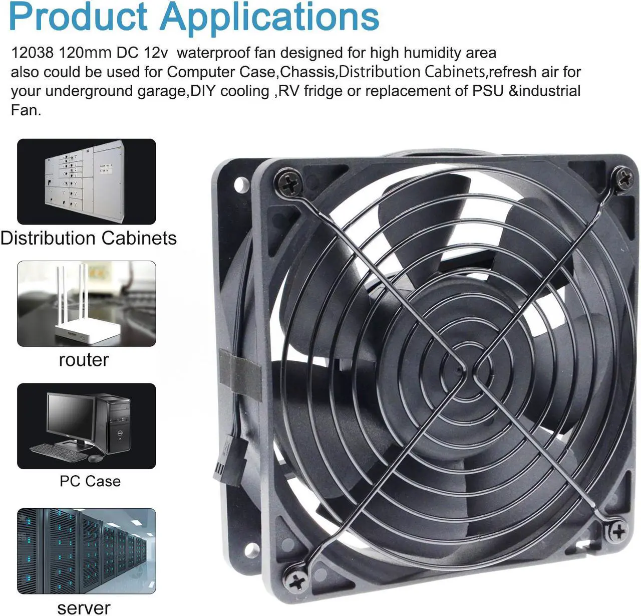 Alt view image 5 of 5 - SXDOOL SXD12038M1B Waterproof 120mm 12cm(120X120X38mm) Cooling Fan DC12V 3600RPM High Airflow ,for Home Bathroom Grow Room Ventilation Vent