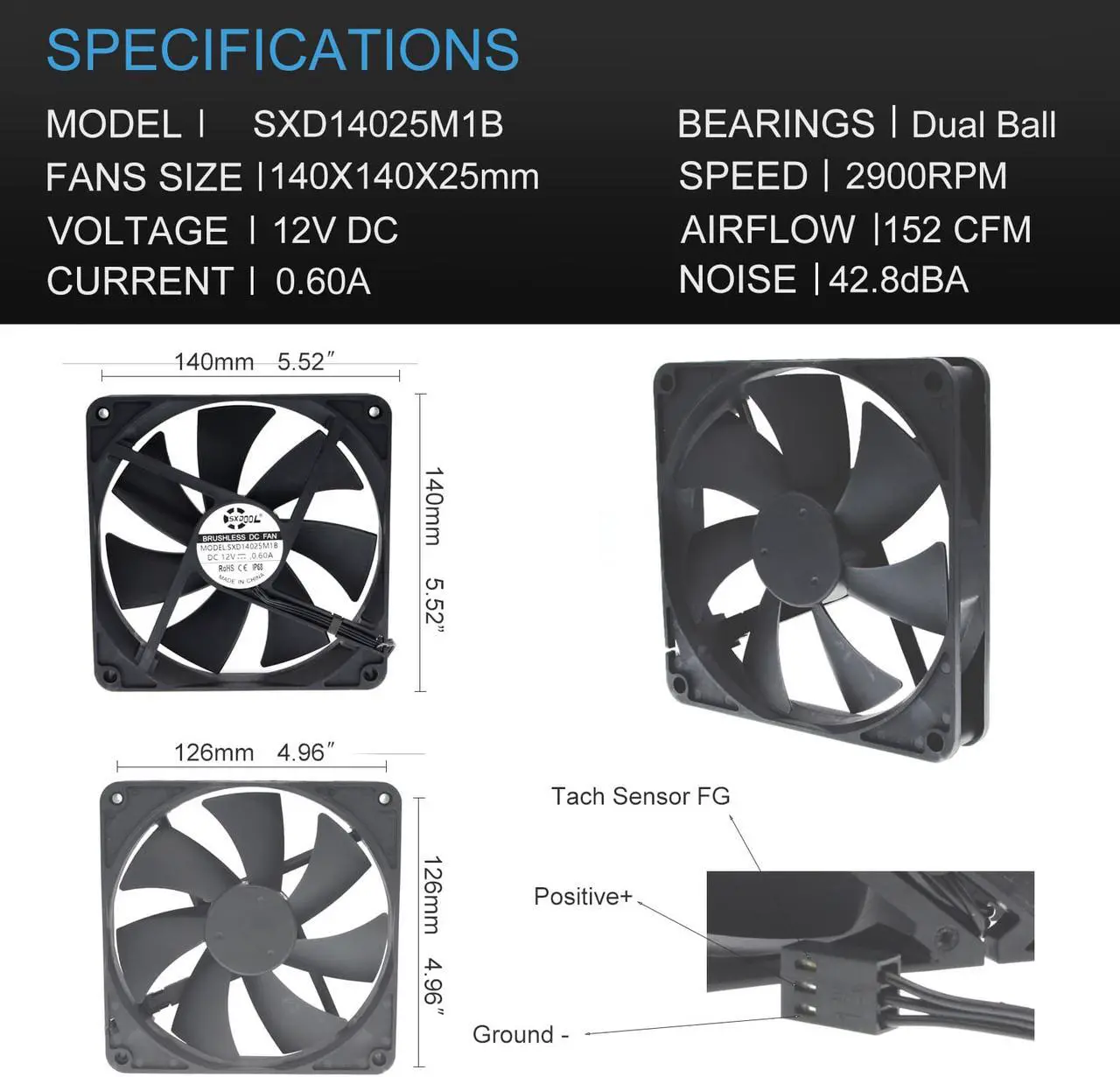 Alt view image 5 of 7 - 140mm 14cm Computer Case Cooling Fan PC Waterproof Dustproof,2900RPM 140X140X25mm Dual Ball 12V,High Speed IP68 Cooler SXDOOL SXD14025M1B
