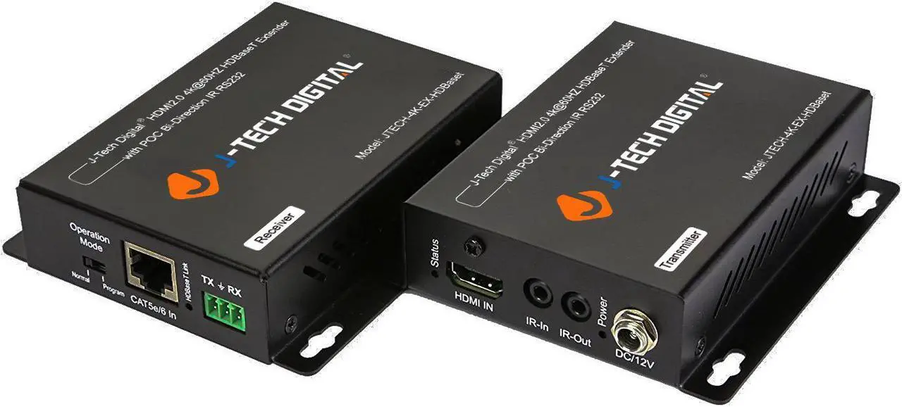 Main image of J-Tech Digital 4K Ultra HD HDBaseT HDMI Extender Over Cat5e/6 Ethernet up to 230ft (1080P) 130ft (4K), Supports HDCP 2.2/1.4, RS232, Bi-Directional IR and PoC