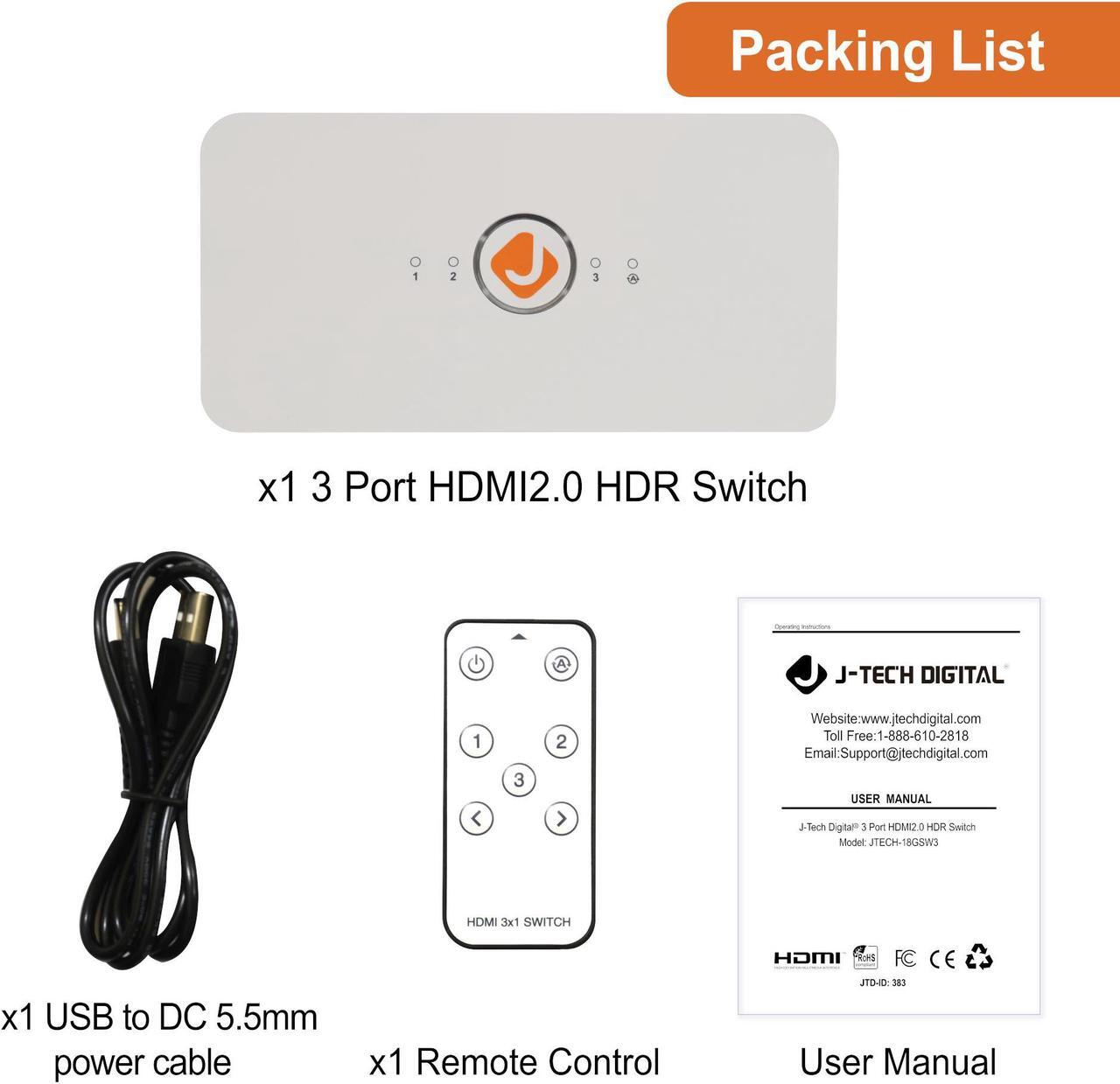 Alt view image 3 of 6 - J-Tech Digital 3x1 HDMI 2.0 Switch HDMI Switch 4K@60Hz, HDCP 2.2, HDR, Dolby Vision, YUV 4:4:4 with Remote Control auto-Switching Function on/Off Control4 Driver Available (3 in 1 Out) [JTECH-18GSW3]