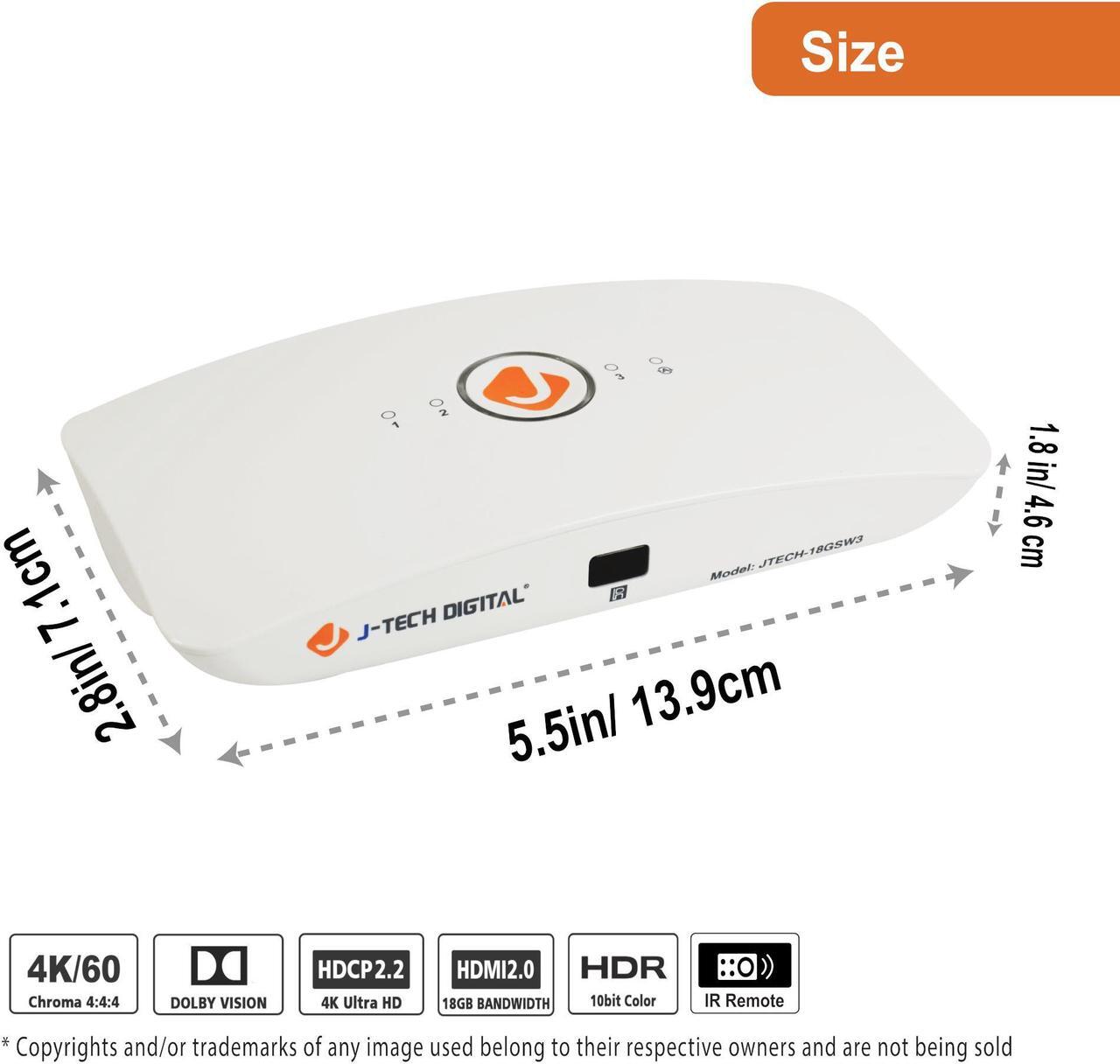 Alt view image 2 of 6 - J-Tech Digital 3x1 HDMI 2.0 Switch HDMI Switch 4K@60Hz, HDCP 2.2, HDR, Dolby Vision, YUV 4:4:4 with Remote Control auto-Switching Function on/Off Control4 Driver Available (3 in 1 Out) [JTECH-18GSW3]