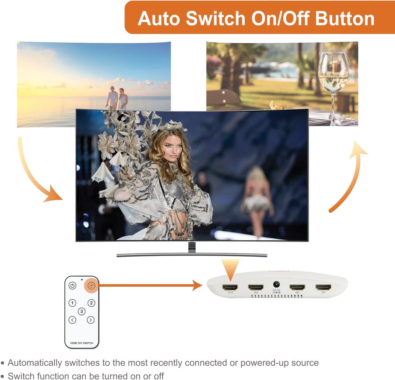Alt view image 6 of 6 - J-Tech Digital 3x1 HDMI 2.0 Switch HDMI Switch 4K@60Hz, HDCP 2.2, HDR, Dolby Vision, YUV 4:4:4 with Remote Control auto-Switching Function on/Off Control4 Driver Available (3 in 1 Out) [JTECH-18GSW3]