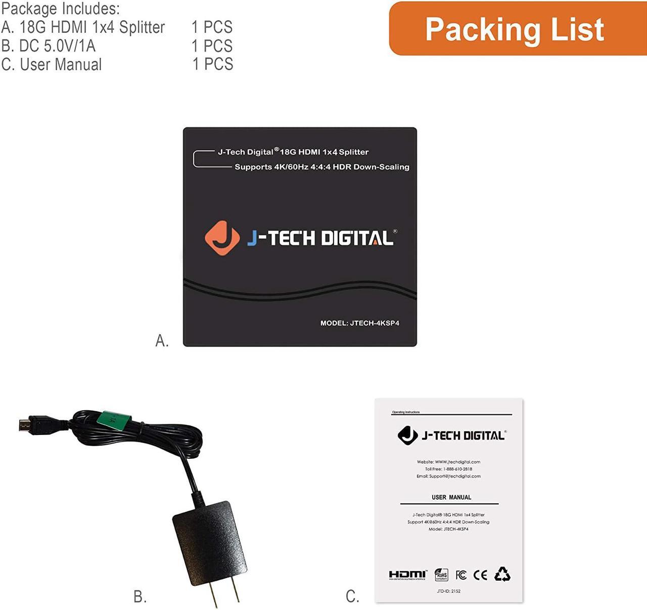 Alt view image 2 of 7 - J-Tech Digital 4K60Hz 1X4 HDMI Splitter Supports Multi-Resolution Output 18GBps (JTECH-4KSP4)