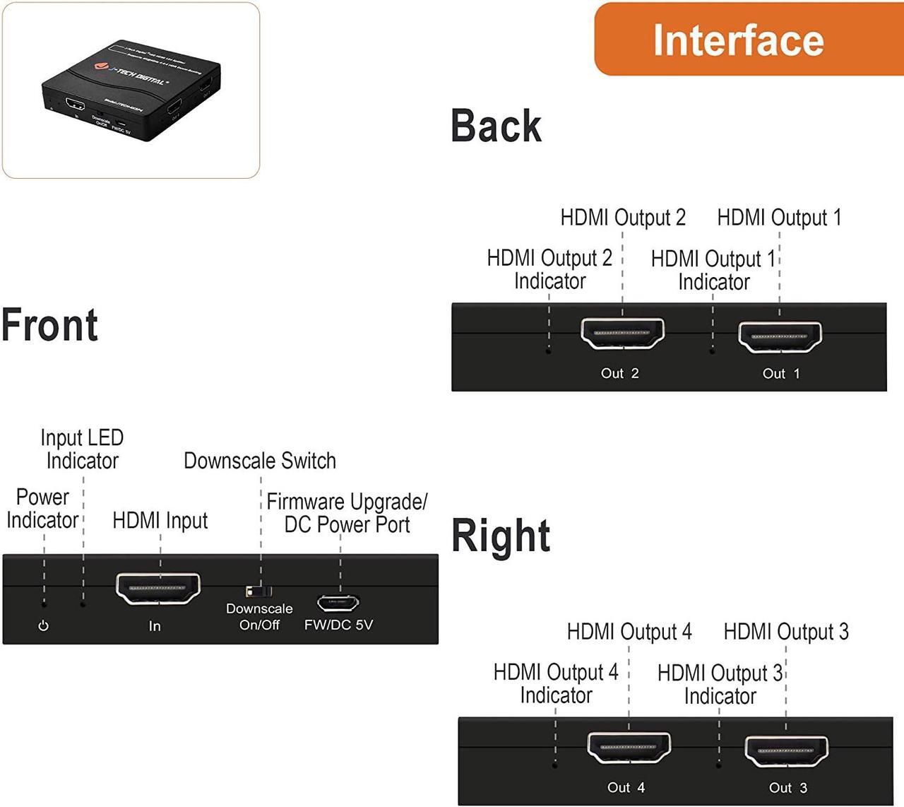 Alt view image 3 of 7 - J-Tech Digital 4K60Hz 1X4 HDMI Splitter Supports Multi-Resolution Output 18GBps (JTECH-4KSP4)