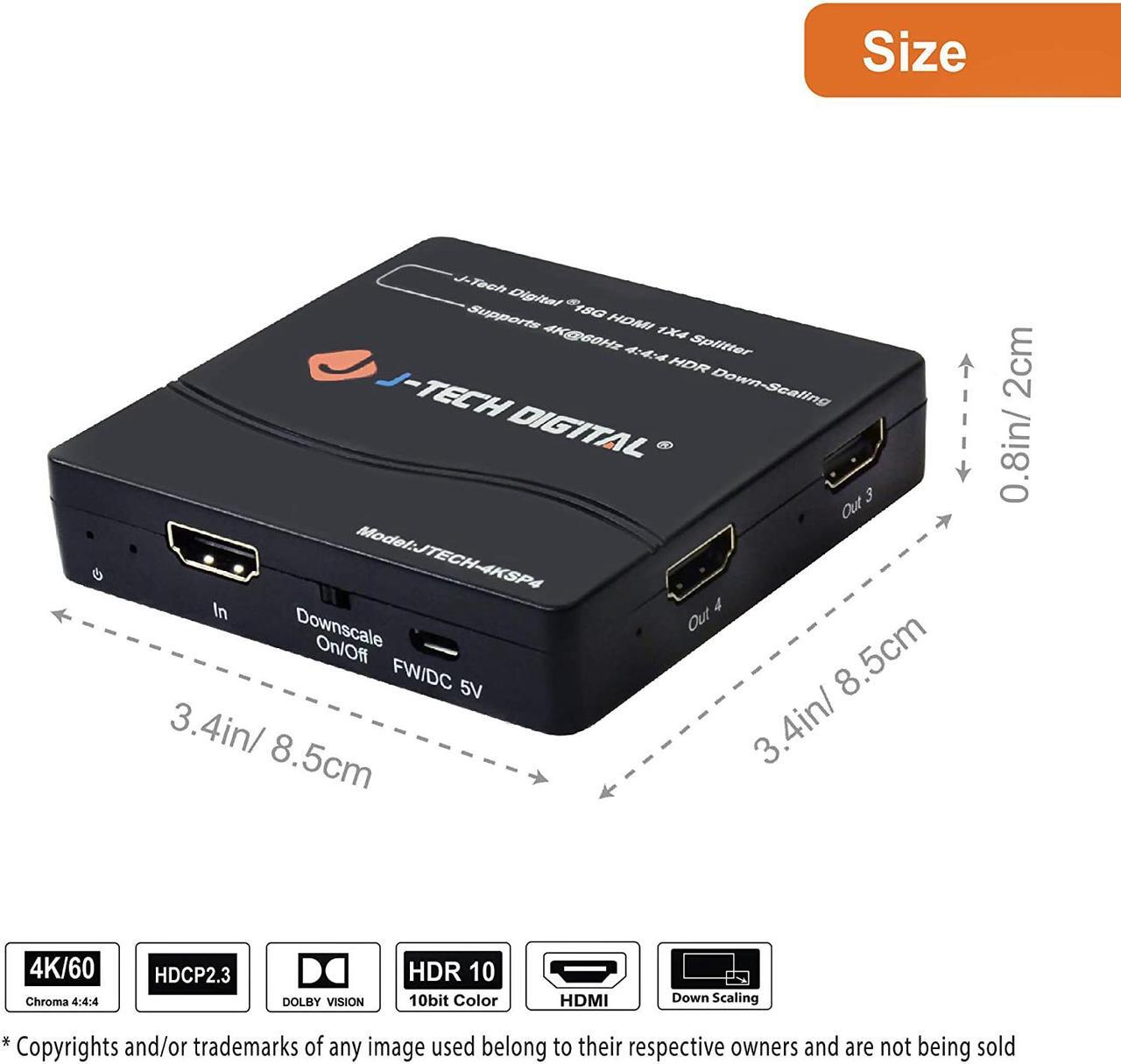 Alt view image 4 of 7 - J-Tech Digital 4K60Hz 1X4 HDMI Splitter Supports Multi-Resolution Output 18GBps (JTECH-4KSP4)