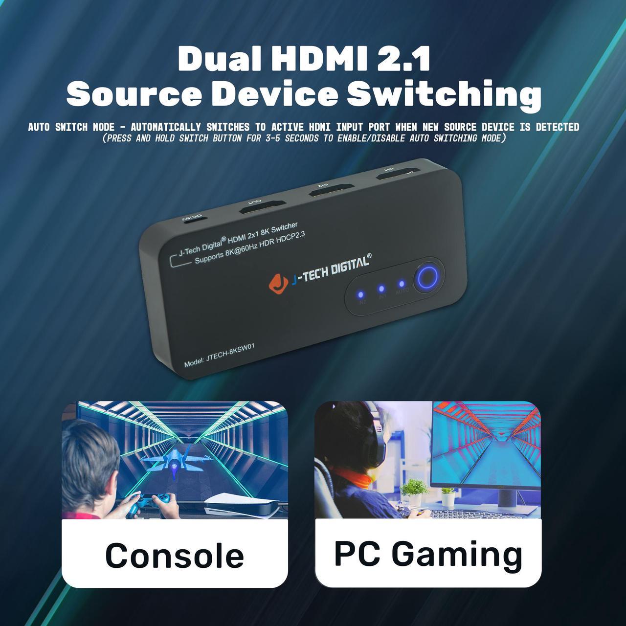 Alt view image 3 of 7 - J-Tech Digital JTECH-8KSW01 2x1 HDMI 2.1 Switch