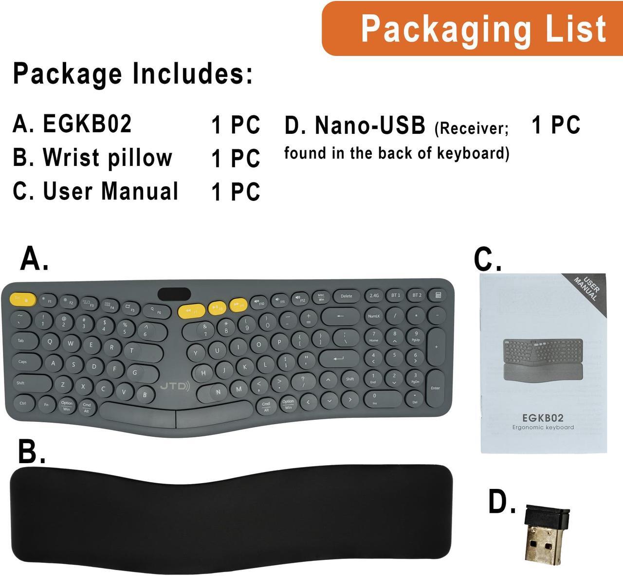Alt view image 6 of 6 - Wireless Ergonomic Split Keyboard w/ Display Screen, Rechargeable Battery, Removable Wrist Rest | Supports Multi-Device, 12 Multimedia Keys Compatible with Windows/Mac/iPad by J-Tech Digital