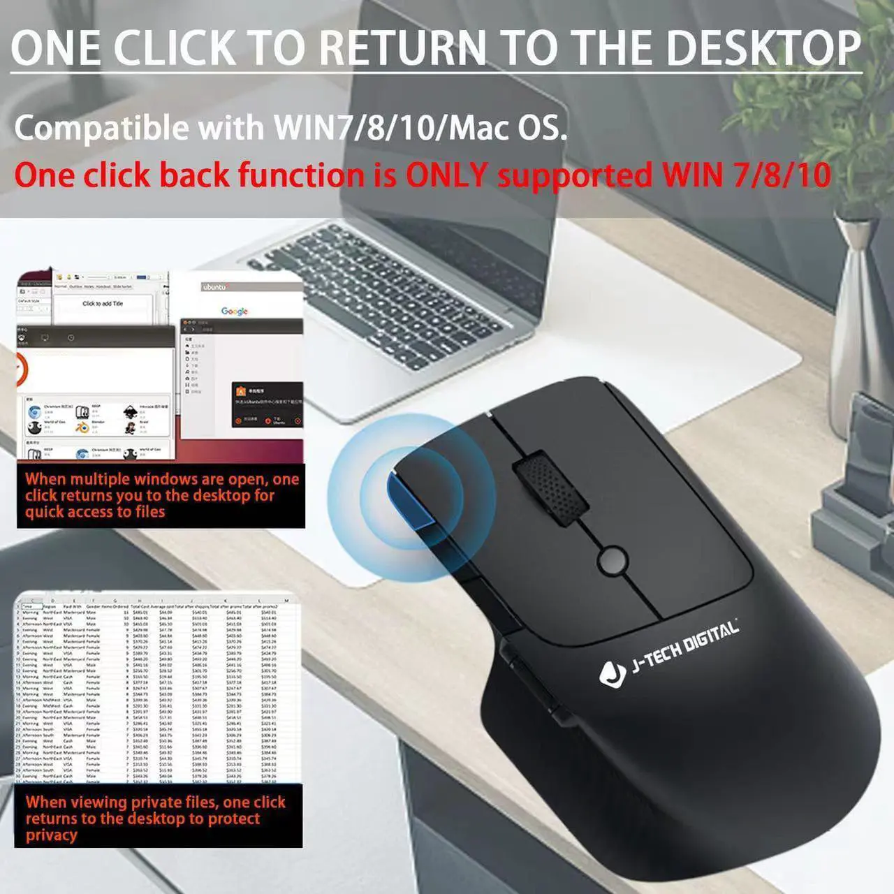 Alt view image 3 of 7 - Wireless Ergonomic Mouse w/ Side Thumb Scroll Wheel | 3 Adjustable DPI (800/1200/1600) | Compatible w/ Windows, MAC, PC, Laptop by J-Tech Digital