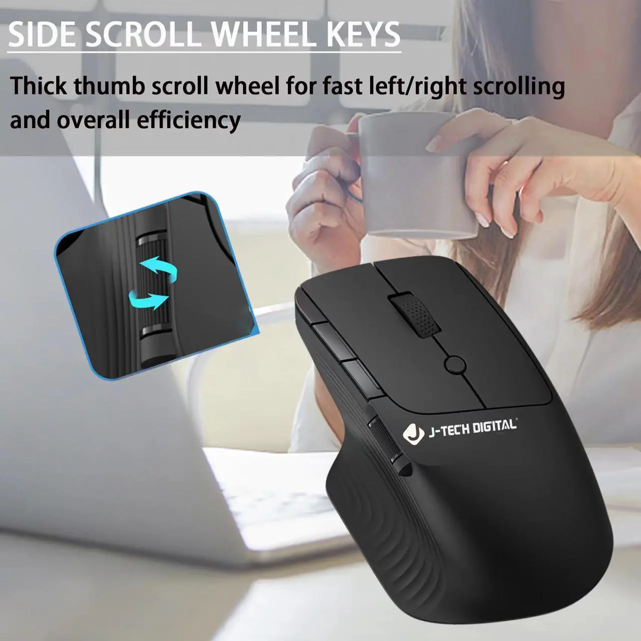 Alt view image 5 of 7 - Wireless Ergonomic Mouse w/ Side Thumb Scroll Wheel | 3 Adjustable DPI (800/1200/1600) | Compatible w/ Windows, MAC, PC, Laptop by J-Tech Digital
