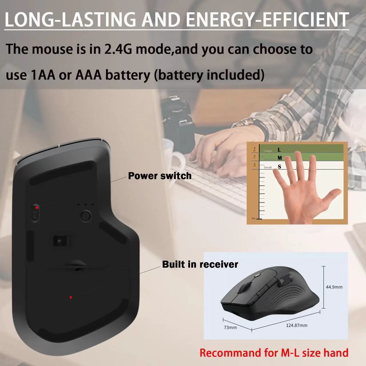 Alt view image 6 of 7 - Wireless Ergonomic Mouse w/ Side Thumb Scroll Wheel | 3 Adjustable DPI (800/1200/1600) | Compatible w/ Windows, MAC, PC, Laptop by J-Tech Digital