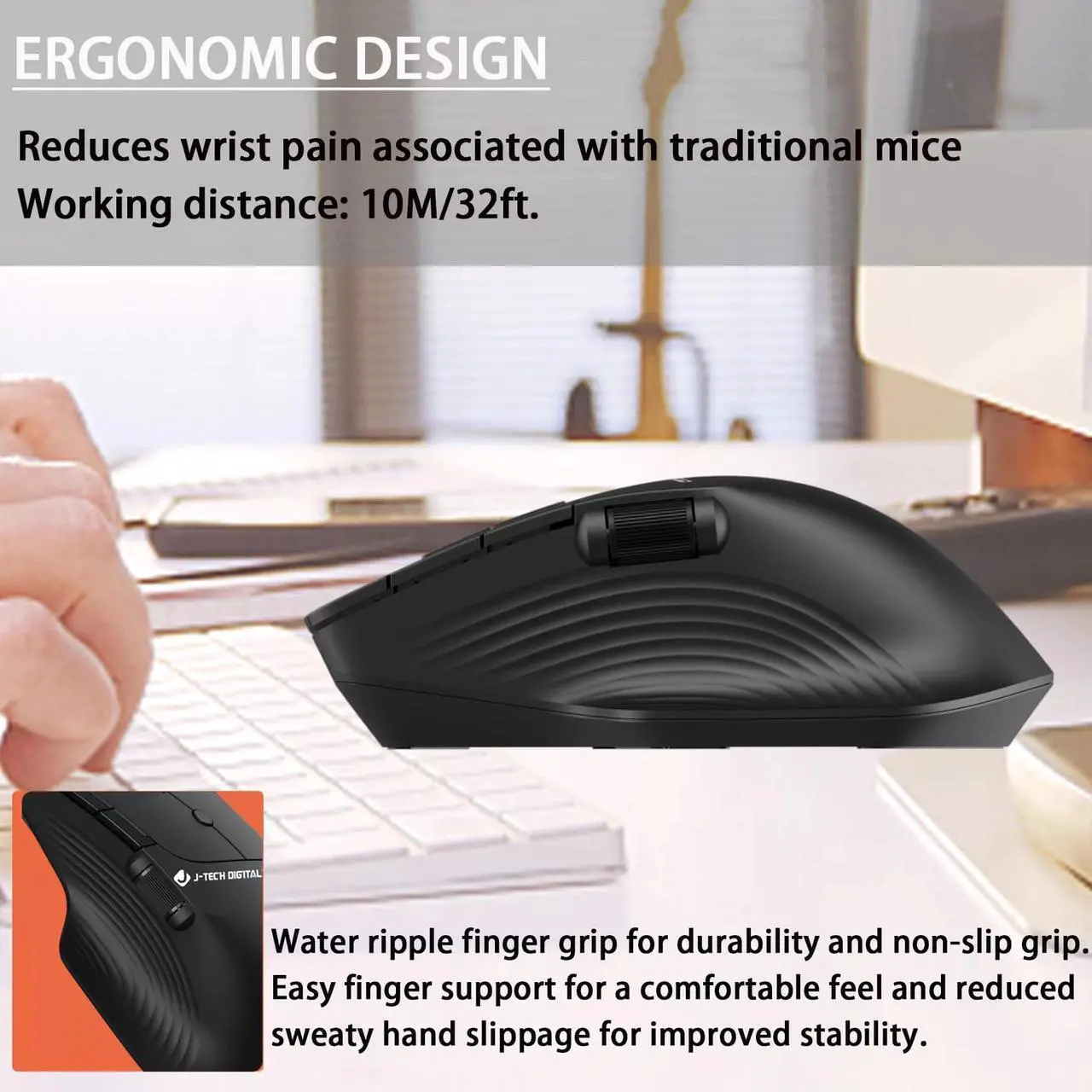 Alt view image 2 of 7 - Wireless Ergonomic Mouse w/ Side Thumb Scroll Wheel | 3 Adjustable DPI (800/1200/1600) | Compatible w/ Windows, MAC, PC, Laptop by J-Tech Digital