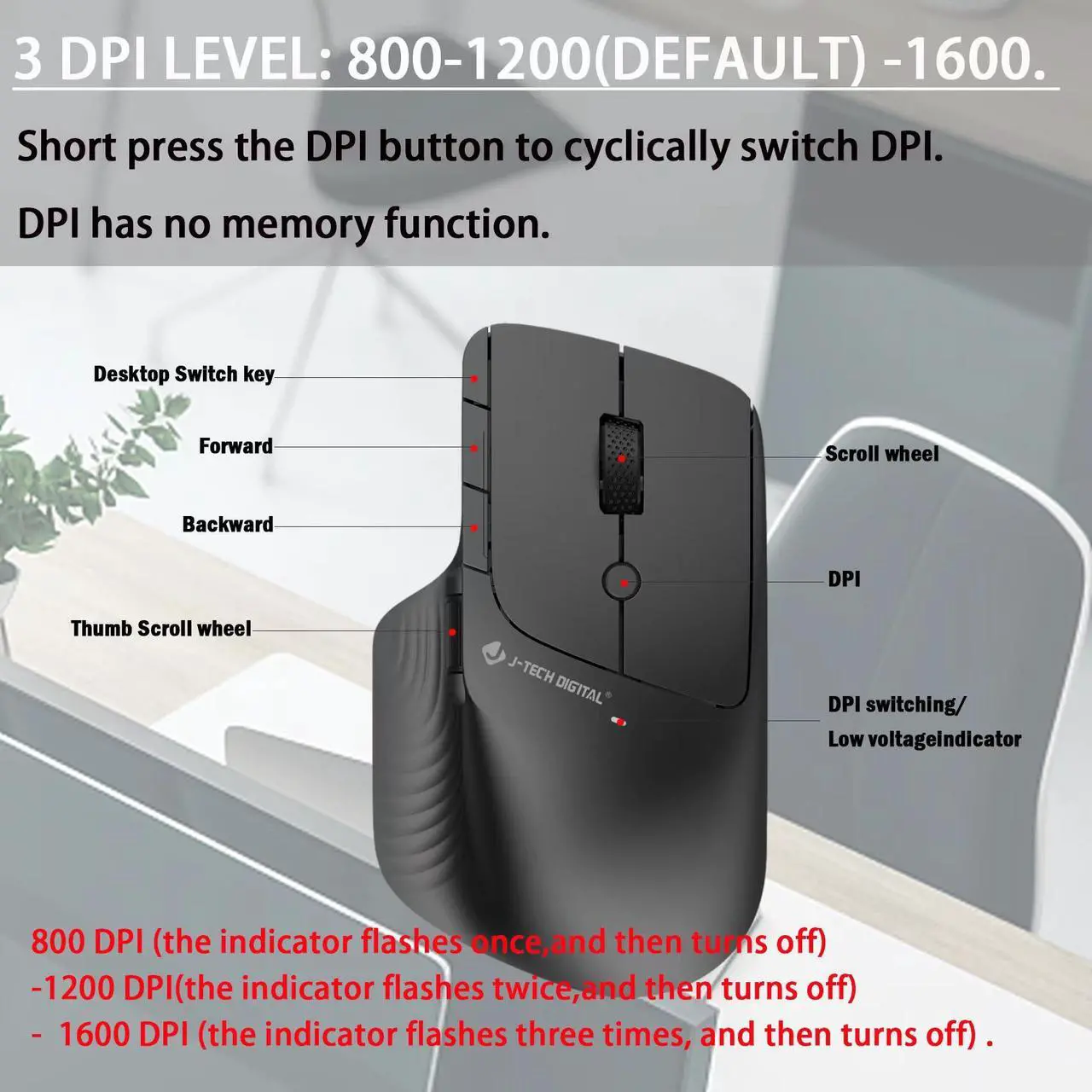 Alt view image 4 of 7 - Wireless Ergonomic Mouse w/ Side Thumb Scroll Wheel | 3 Adjustable DPI (800/1200/1600) | Compatible w/ Windows, MAC, PC, Laptop by J-Tech Digital