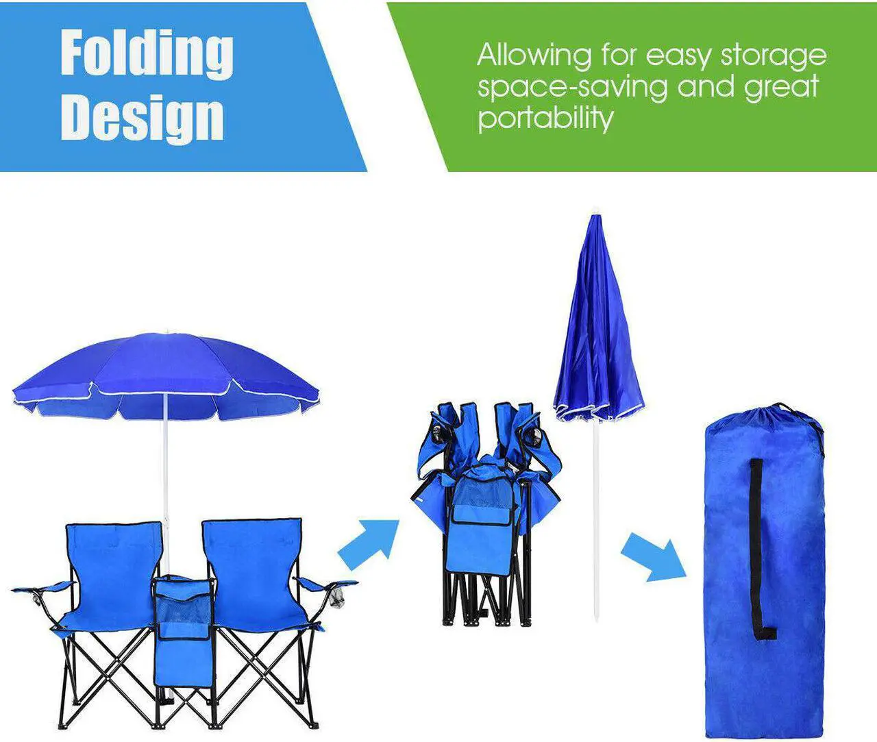 Alt view image 6 of 7 - Costway Portable Folding Picnic Double Chair W/Umbrella Table Cooler Beach Camping Chair