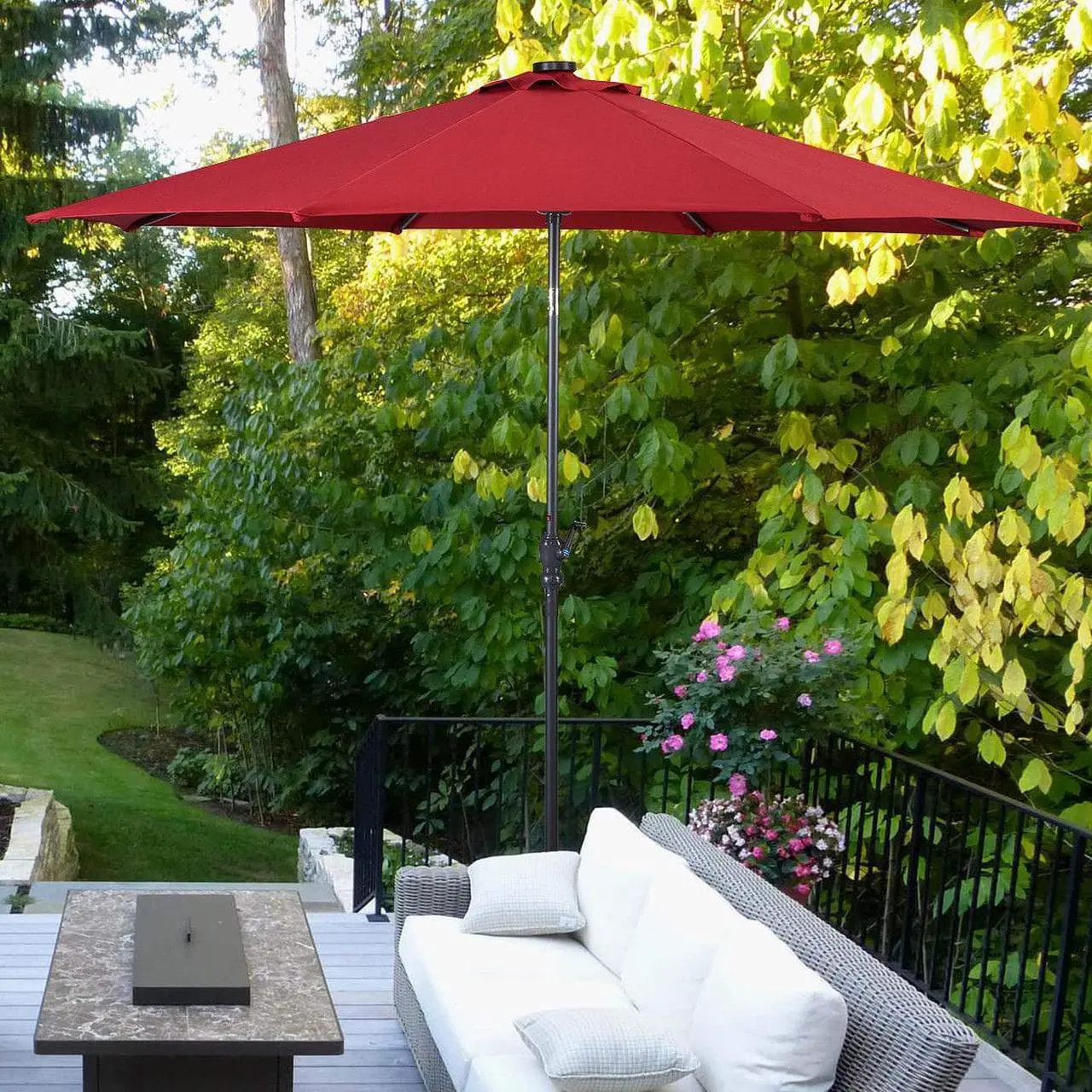 Alt view image 3 of 7 - Costway 10ft Patio Solar Umbrella LED Patio Market Steel Tilt W/ Crank (Burgundy)