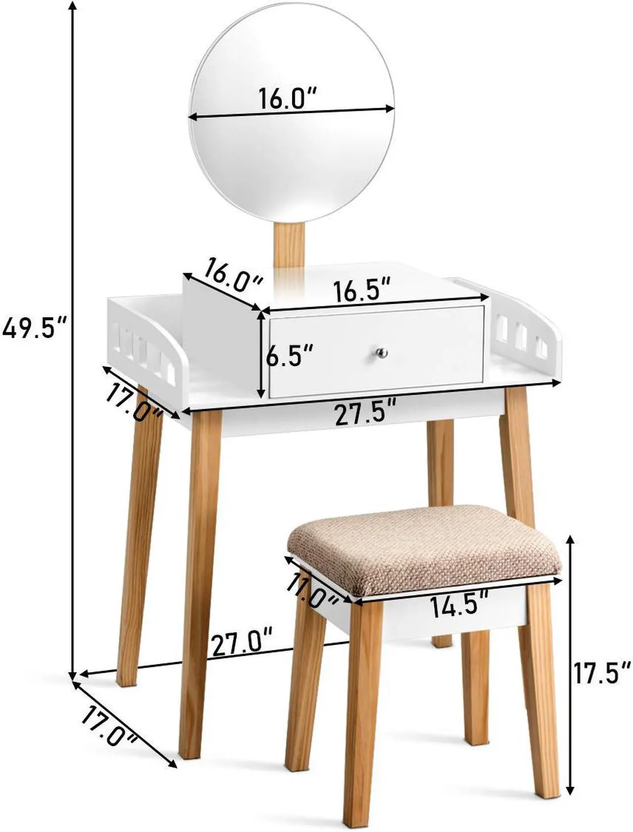 Alt view image 2 of 7 - Costway Wooden Vanity Makeup Dressing Table Stool Round w/Drawer