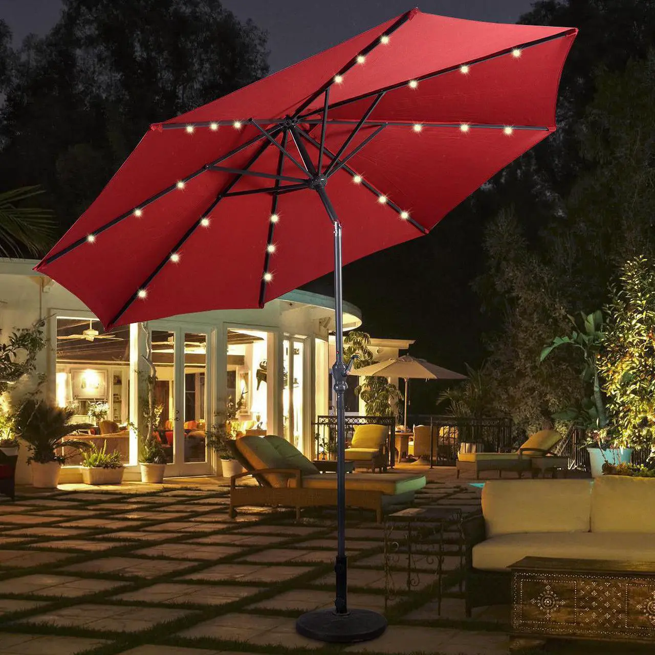 Main image of Costway 10ft Patio Solar Umbrella LED Patio Market Steel Tilt W/ Crank (Burgundy)