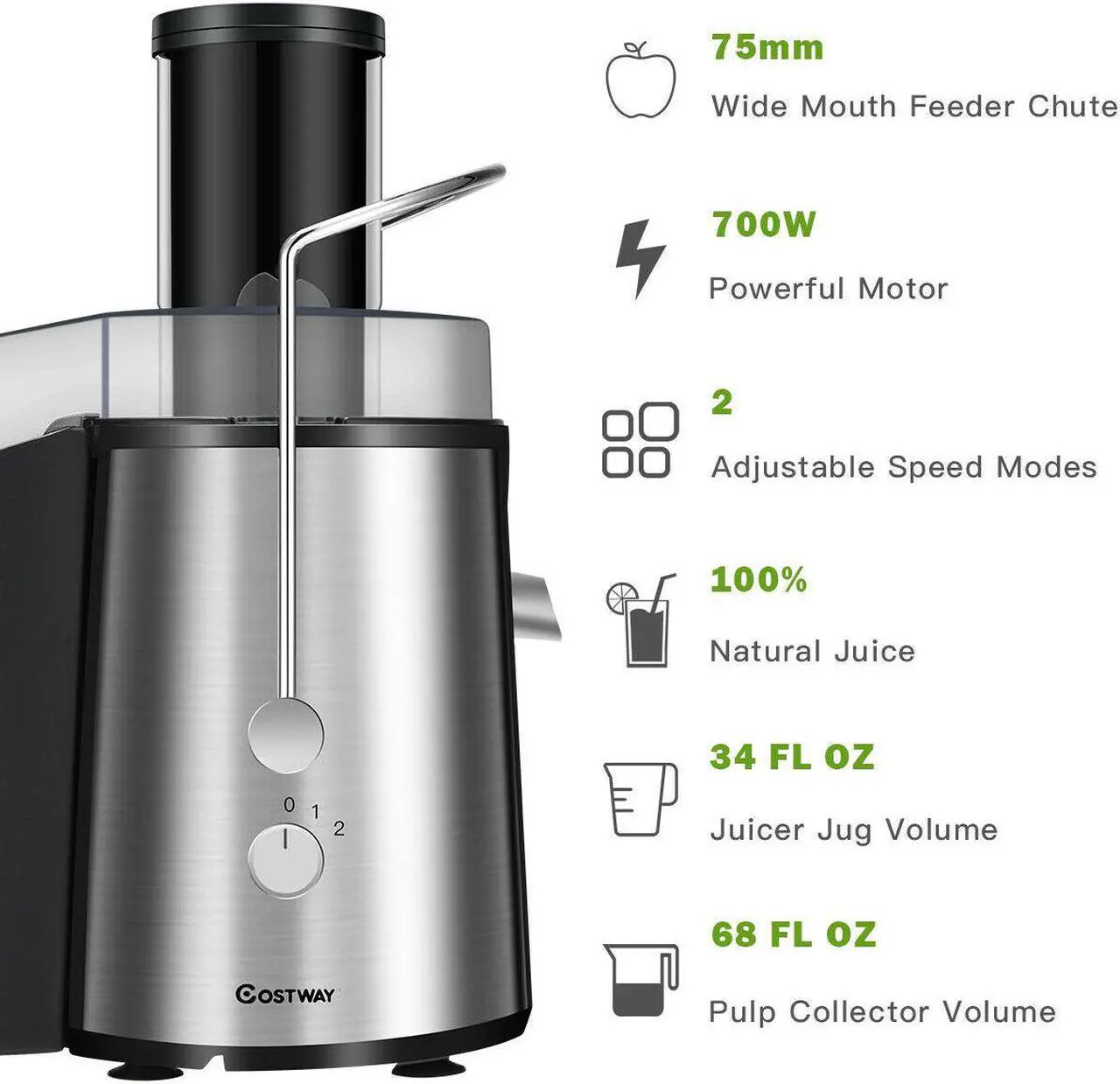Alt view image 7 of 7 - Costway Electric Juicer Wide Mouth Fruit & Vegetable Centrifugal Juice Extractor 2 Speed