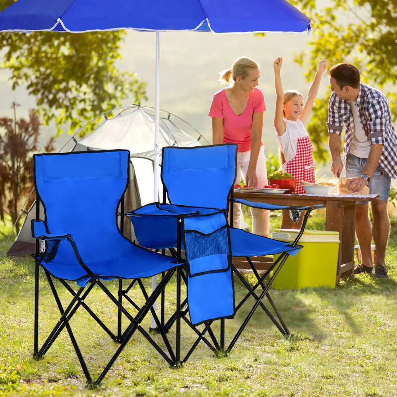 Alt view image 4 of 7 - Costway Portable Folding Picnic Double Chair W/Umbrella Table Cooler Beach Camping Chair