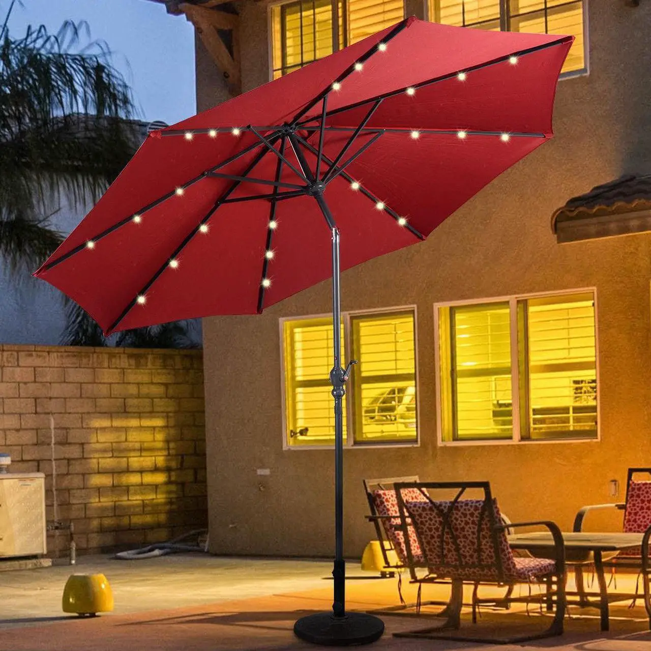 Alt view image 2 of 7 - Costway 10ft Patio Solar Umbrella LED Patio Market Steel Tilt W/ Crank (Burgundy)