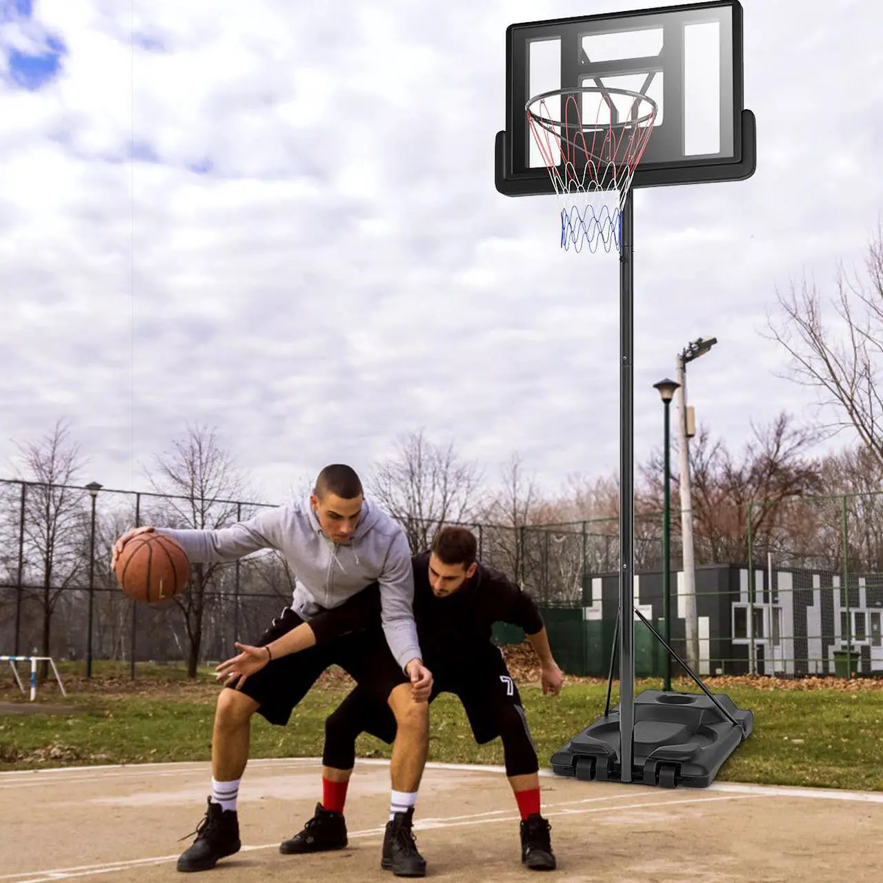 Alt view image 5 of 7 - Height Adjustable Portable Basketball Hoop System Shatterproof Backboard Wheels  2 Nets