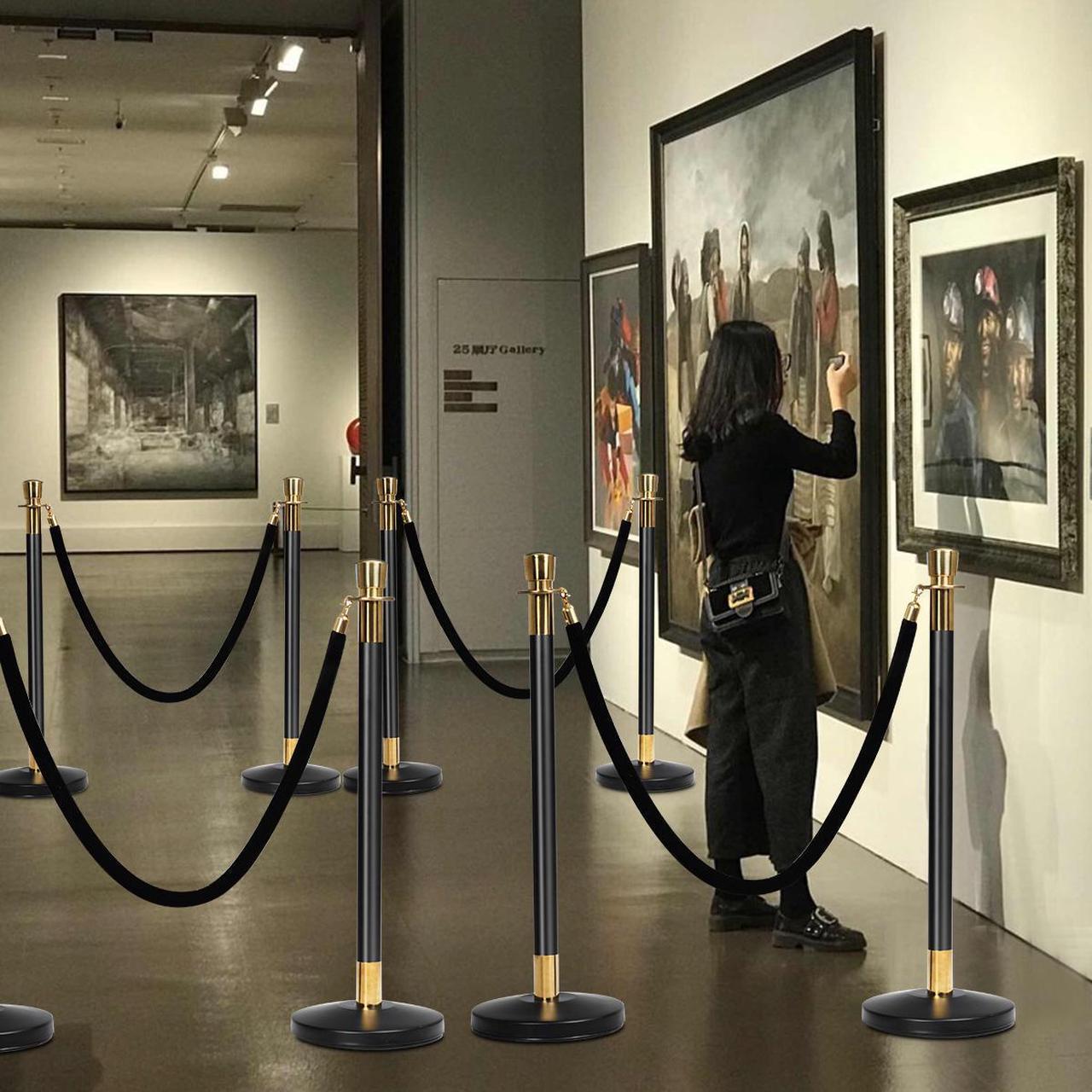 Alt view image 6 of 7 - 6Pcs Stanchion Posts Queue Pole Retractable 3 Velvet Ropes Crowd Control Barrier