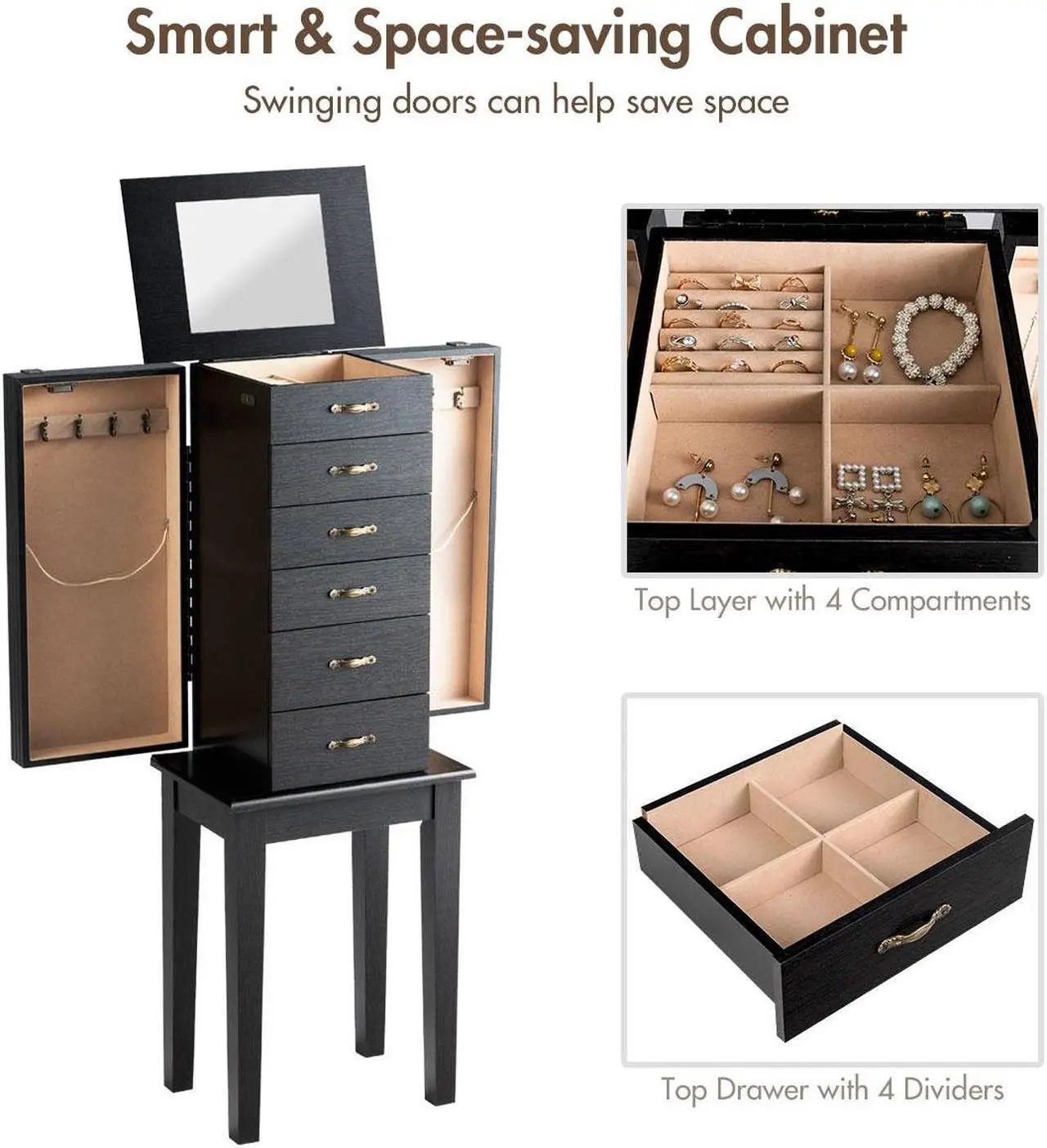 Alt view image 7 of 7 - Jewelry Armoire Chest Cabinet Stand Storage Organizer w/ 5 Drawers & Flip Mirror