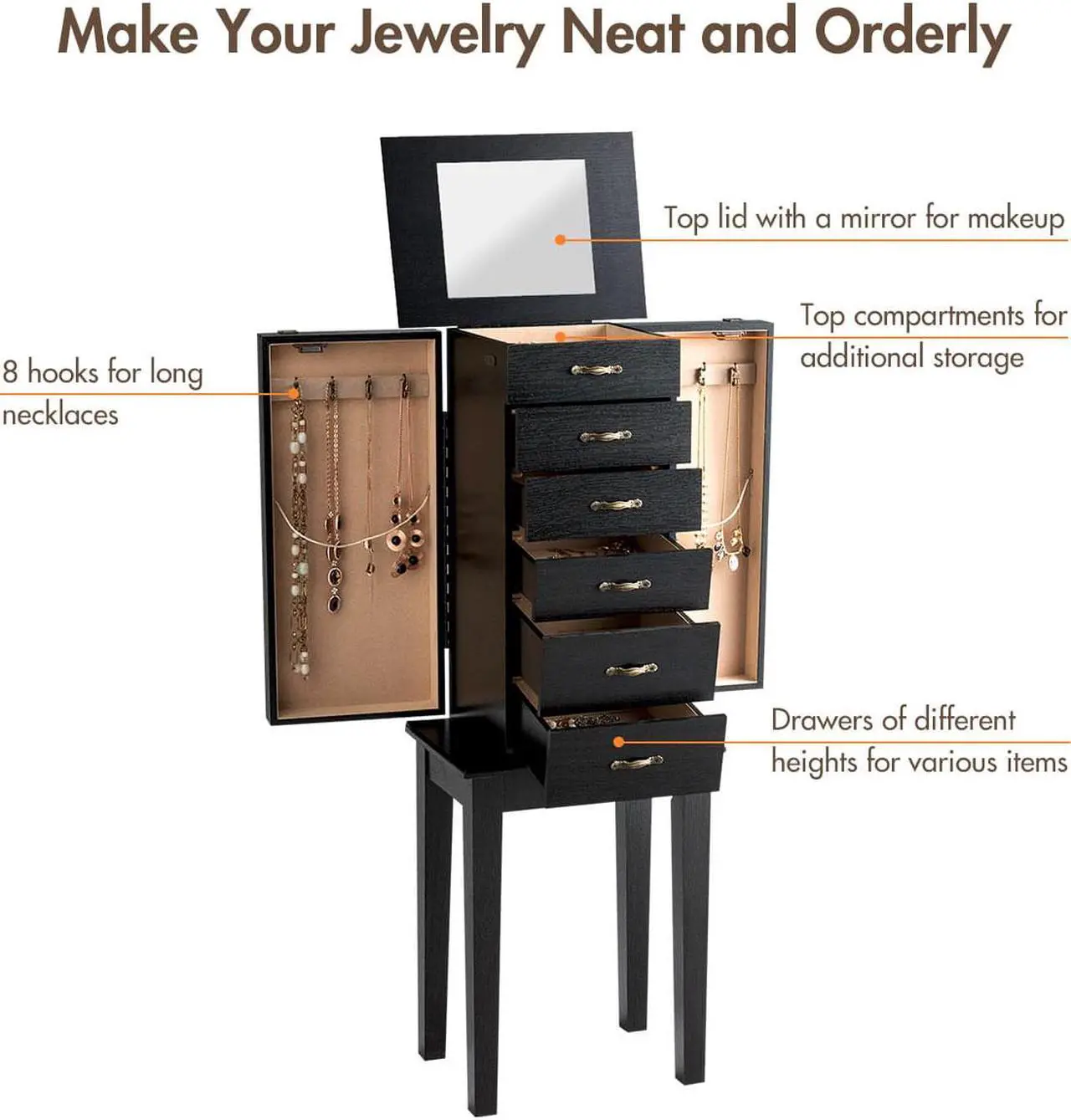 Alt view image 6 of 7 - Jewelry Armoire Chest Cabinet Stand Storage Organizer w/ 5 Drawers & Flip Mirror